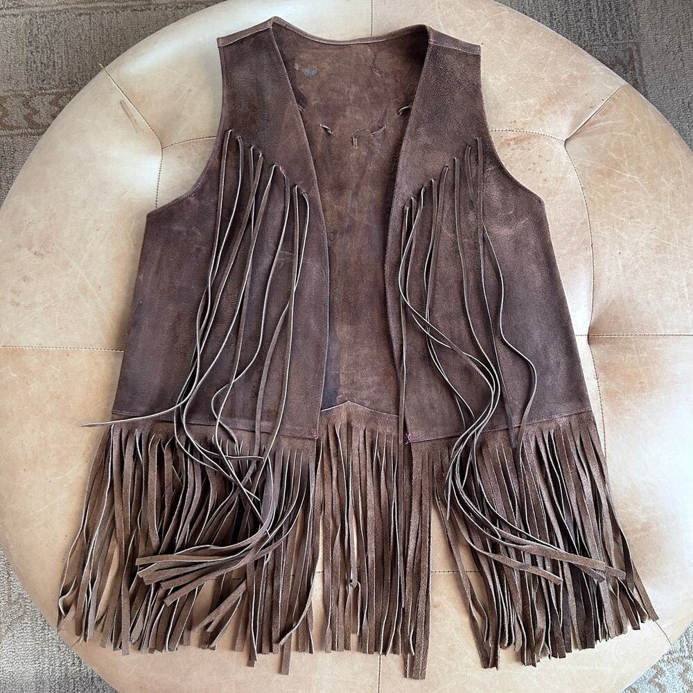 70s genuine suede fringe vest brown western festival boho vintage women M L - Picture 13 of 13